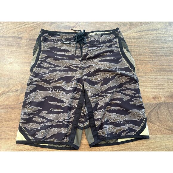 Y2K Fox Racing Shorts Mens 34 Black Brown Camo Boardshorts Surf Swim Trunks Logo - Picture 1 of 11